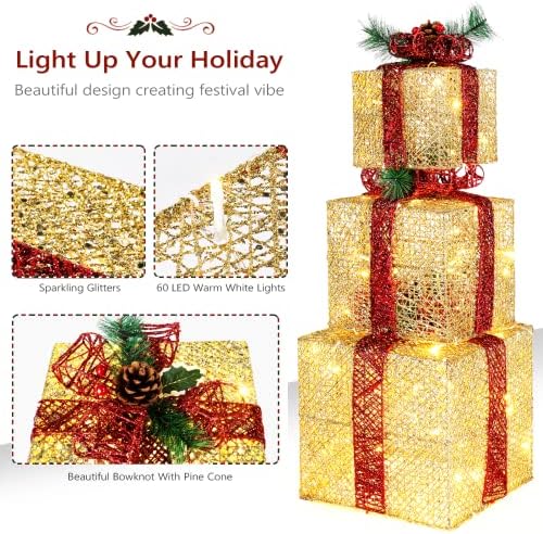 vingli christmas lighted gift boxes set of 3, side view
