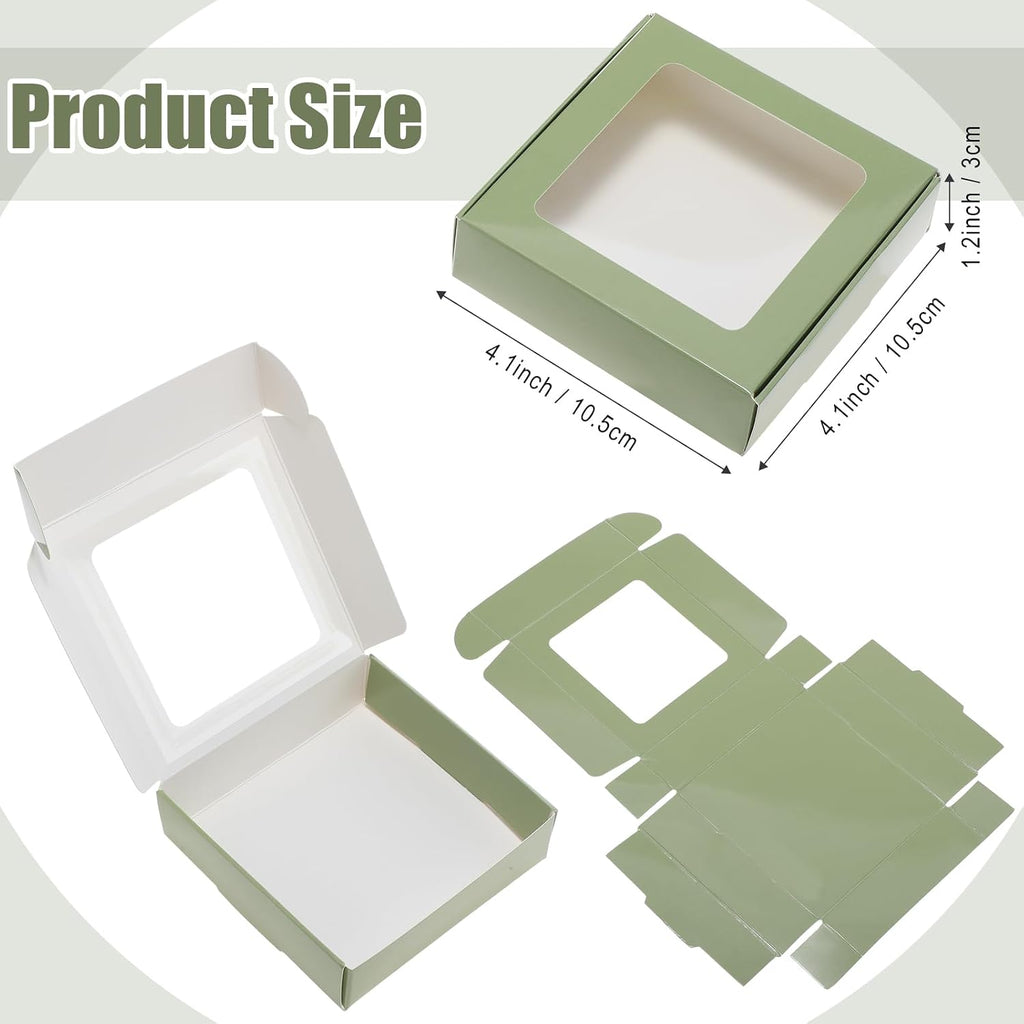 Zonon 30 Pcs Kraft Paper Boxes with Window 4.13 x 4.13 x 1.18 Inch Candy Packaging, Small Gift Boxes, Soap holder, Mini Treat Packaging for Bakery Chocolate Jewelry Display (Sage Green)