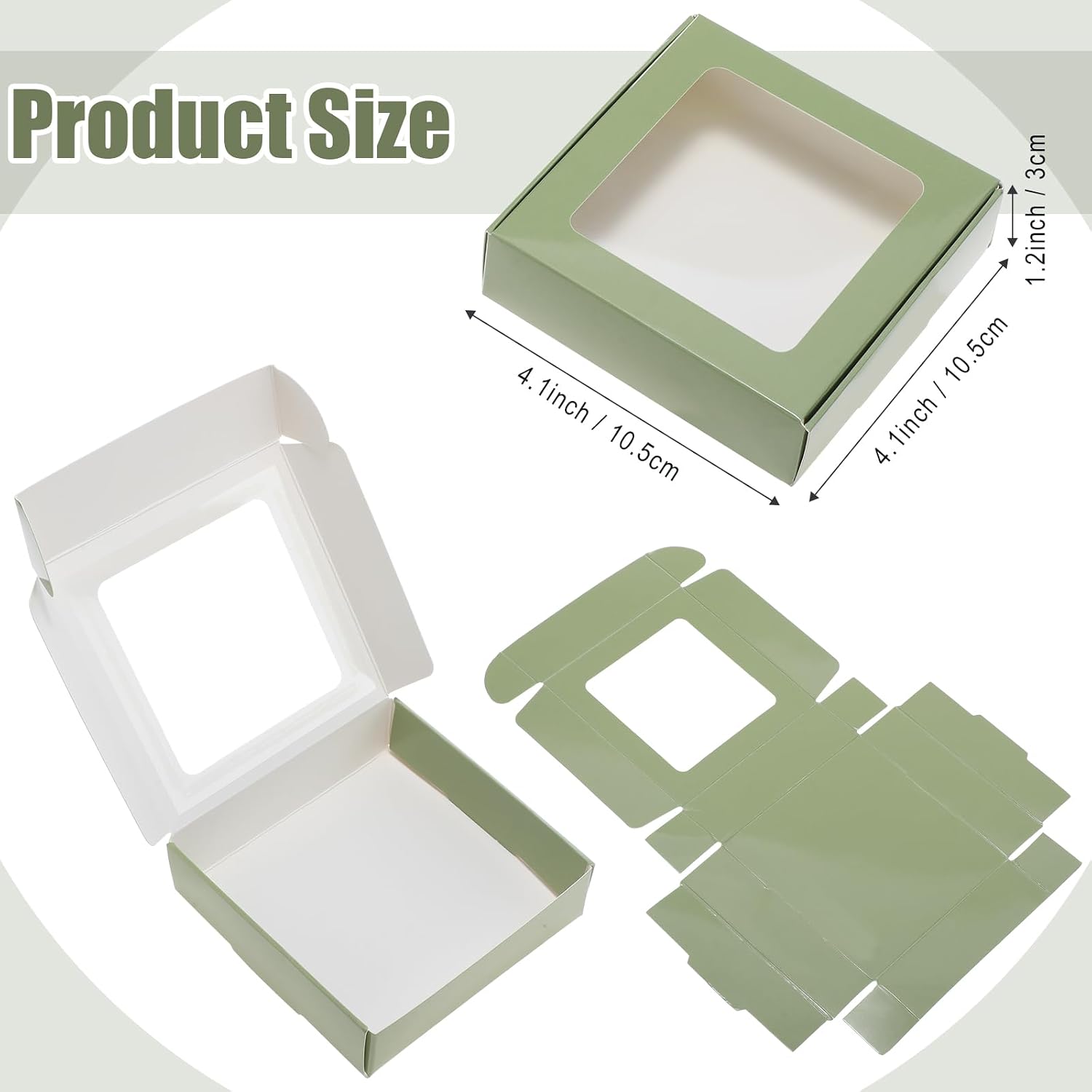 Zonon 30 Pcs Kraft Paper Boxes with Window 4.13 x 4.13 x 1.18 Inch Candy Packaging, Small Gift Boxes, Soap holder, Mini Treat Packaging for Bakery Chocolate Jewelry Display (Sage Green)