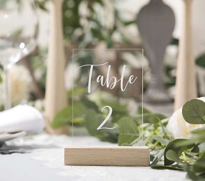 UNIQOOO 5 Pack Wood Table Number Stands | 1/8” Thick Acrylic Sign Holders | Oak Wood Display Stands | Place Card Holder, Perfect for Retail Shop Wedding Dinner Party, Events Decoration, Retail Shop