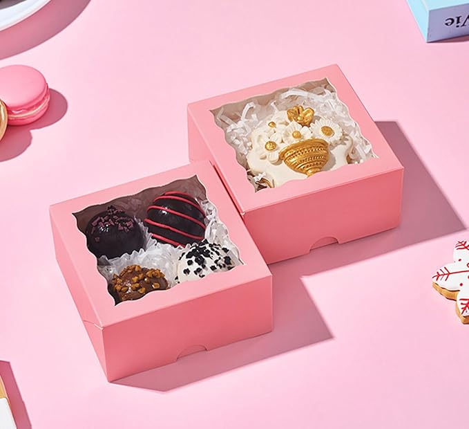100-Pack 4x4x2 Pink Bakery Boxes - Treat/Cookie/Truffle Boxes for Mini Cakes, Pies & Cinnamon Rolls - Wedding Party Favor Packaging