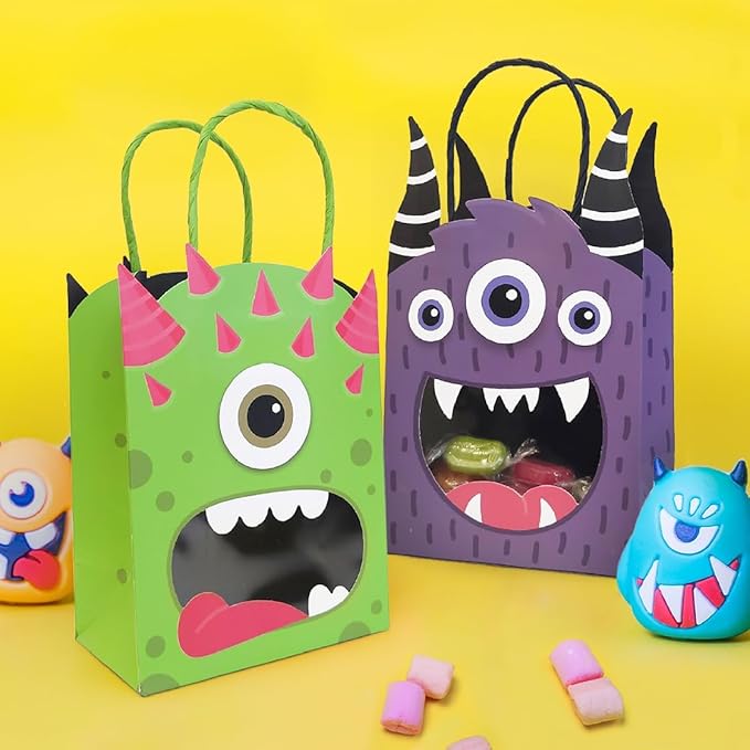Cheerland Monster Party Favor Gift Bags Halloween Goodie Bag Monster Birthday Party Decorations Bag Summerween Candy Trick Or Treat Paper Goodie Bags Cartoon Themed Kids Theme Party Supplies 8 Pcs