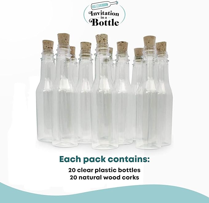 Plastic Bottles & Corks Set (20) - Clear PET Plastic Potion Bottles with Cork - Small Bottles with Cork & Tiny Jars with Cork Bottles, Message in Plastic Bottle, DIY Crafts