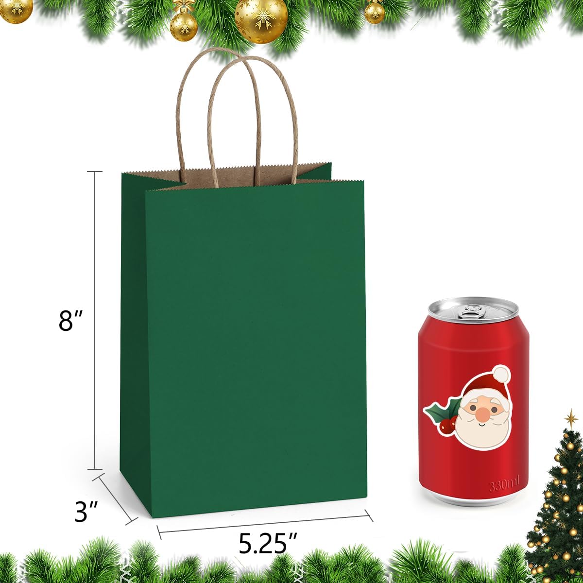BagDream Forest Green Gift Bags with Handles Bulk 5.25x3x8 Inch 100Pcs Small Kraft Paper Bags for Christmas, Thanksgiving, Craft, Party Favors, Retail, Grocery, Recyclable