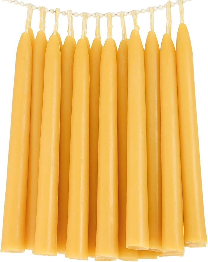 24 Pack Beeswax Taper Candles in Bulk 8 inch Tall - All Natural, 100% Pure Unscented Bee Wax Candle, Dripless, 5 Hours Burnning Time -Yellow