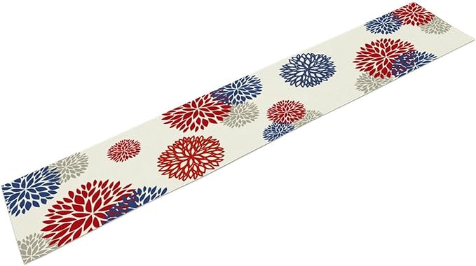 4th of July Table Runner, Blue Red Dahlia Flower American Patriotic Memorial Day Table Runner for Farmhouse Kitchen Dining Table Party Decor, 13x36inch