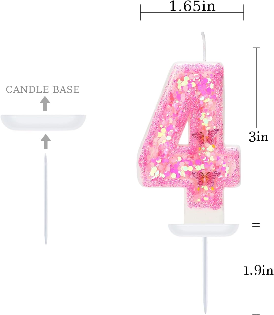 Pink Birthday Candles - Number 4 Candle for Birthday Girl, Butterfly Number Candles for Princess Theme Party Supplies
