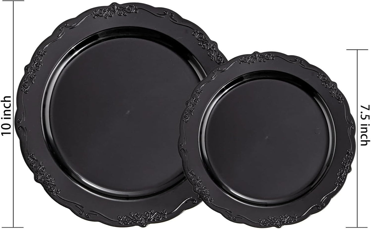 U-QE 100PCS Black Plastic Plates, Heavy Duty Black Plates Halloween
