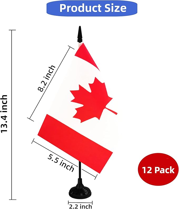 Canada Desk Flag, 12 Pack Canadian Table Office Flag with Black Solid Pole and Stand Base, International Country Flag, Festival Celebration, Classroom Meeting Desktop Decor (Canada)