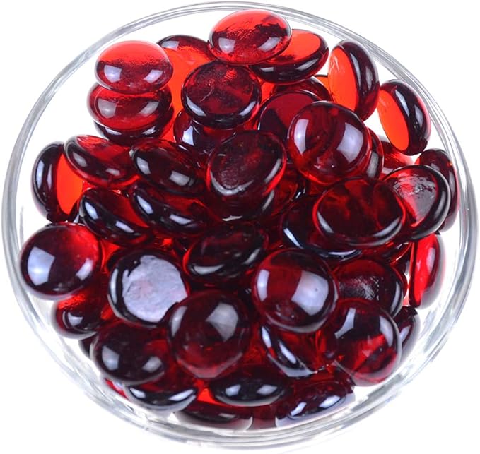KINGOU Flat Glass Gems/Marbles/Stones/Beads for Vase Filler, Table Scatter, Games - 1 Lbs (17-19mm, Approx. 3/4")-Red