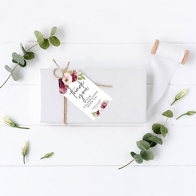 Andaz Press 100-Pack Personalized Thank You for Celebrating with Us Wedding Favor Tags with Bakers Twine Fall Burgundy Marsala Custom Thank You Tags Wedding Gift Tags for Party Favors 2 X 3.75-Inches