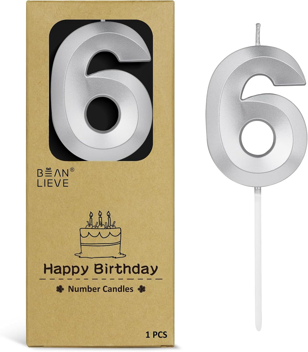 BEAN LIEVE 2.76 Inch Silver Number Candle 6 - Elegant Diamond-Cut Number Birthday Candles,Birthday Cake Topper for Wedding, Anniversary, Birthday Party Decor