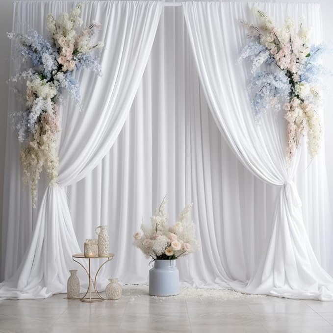 10ftx14FT Wrinkle Free White Backdrop Curtain, 2 Panels 14FT Height White Wedding Backdrop Drapes, Silky Polyester Back Drop Cloth for Birthday Photography Background Party Backdrop Draping