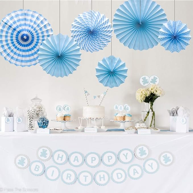 Hanging Paper Fans Party Set, Round Pattern Paper Garlands Decoration for Birthday Baby Boy Shower Graduation Bachelorette, Set of 6 (Blue)