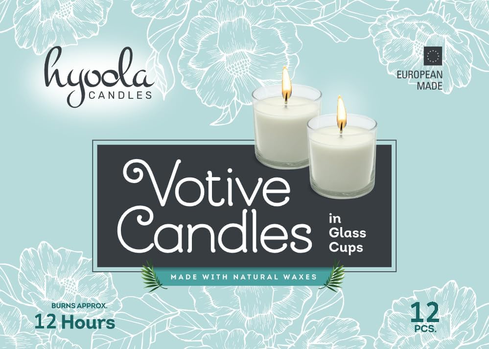 Hyoola White Votive Candles in Glass - Pack of 12 Votive Candle - 12 Hour Burn Time - Unscented Votive Candles - European Made Glass Votives
