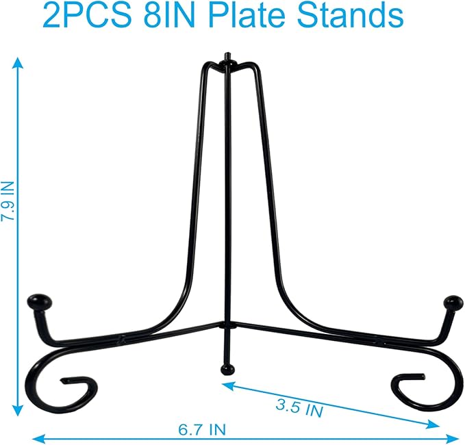 2PCS Premium Black Iron Plate Stands for Display 8 Inch, Decorative Solid Metal Plate Holders for Displaying, Mini Easel, Frame, Book, Card, Plaque, Bowl, Picture Stands for Display
