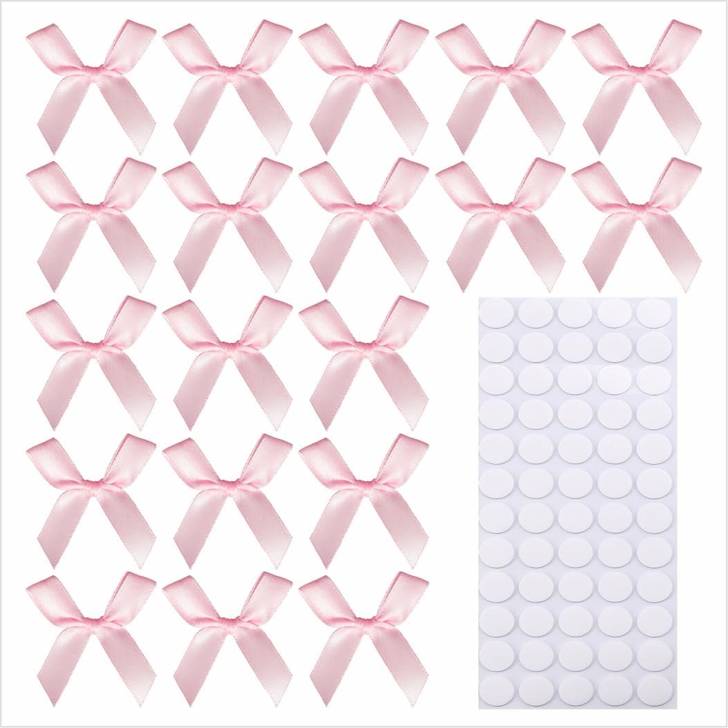 60pcs 1.7" Mini Pink Ribbon Bows Decor – Small DIY Satin Bows for Crafts, Little Bows for Gift Wrapping, Tiny Bow Stickers for Scrapbook Treats Balloon Cake Hairstyle Candle Decorations