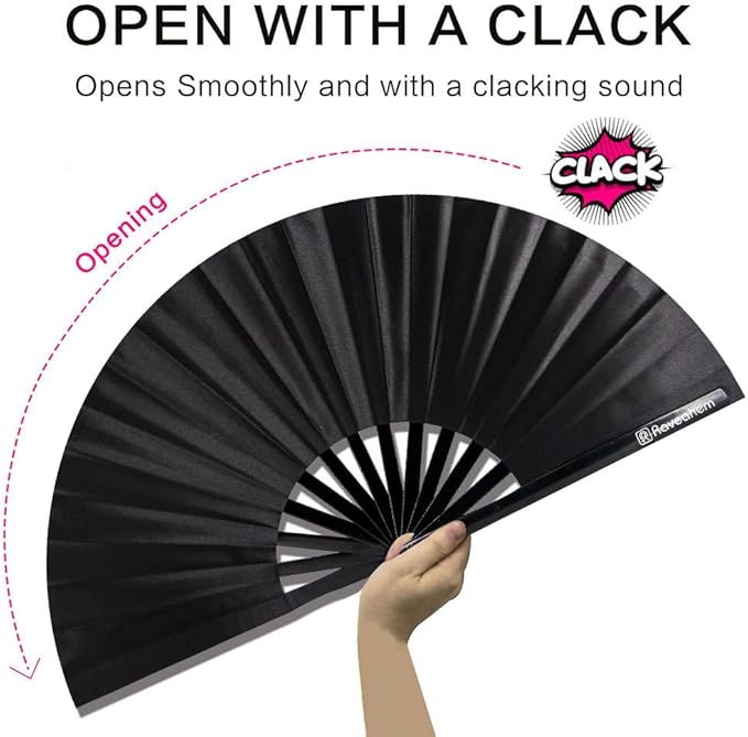 13" Large Rave Fan Bamboo, Folding Clack Hand Fans Foldable for Men Women, Boots on the Ground Poping Fan for EDM Festival Line Dance Decoration, (Black2, Large 13")