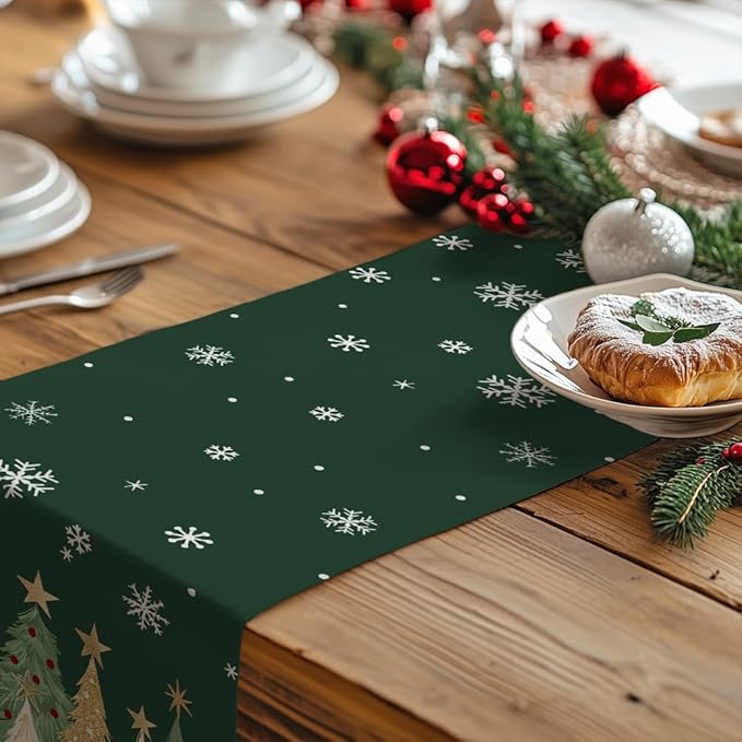 GEEORY Christmas Table Runner 13x90 Inch, Xmas Trees Snowflakes Holiday Decorative Farmhouse Table Decoration for Kitchen Dinning, Indoor Outdoor Dinner Party Decor (Green) GT152-90