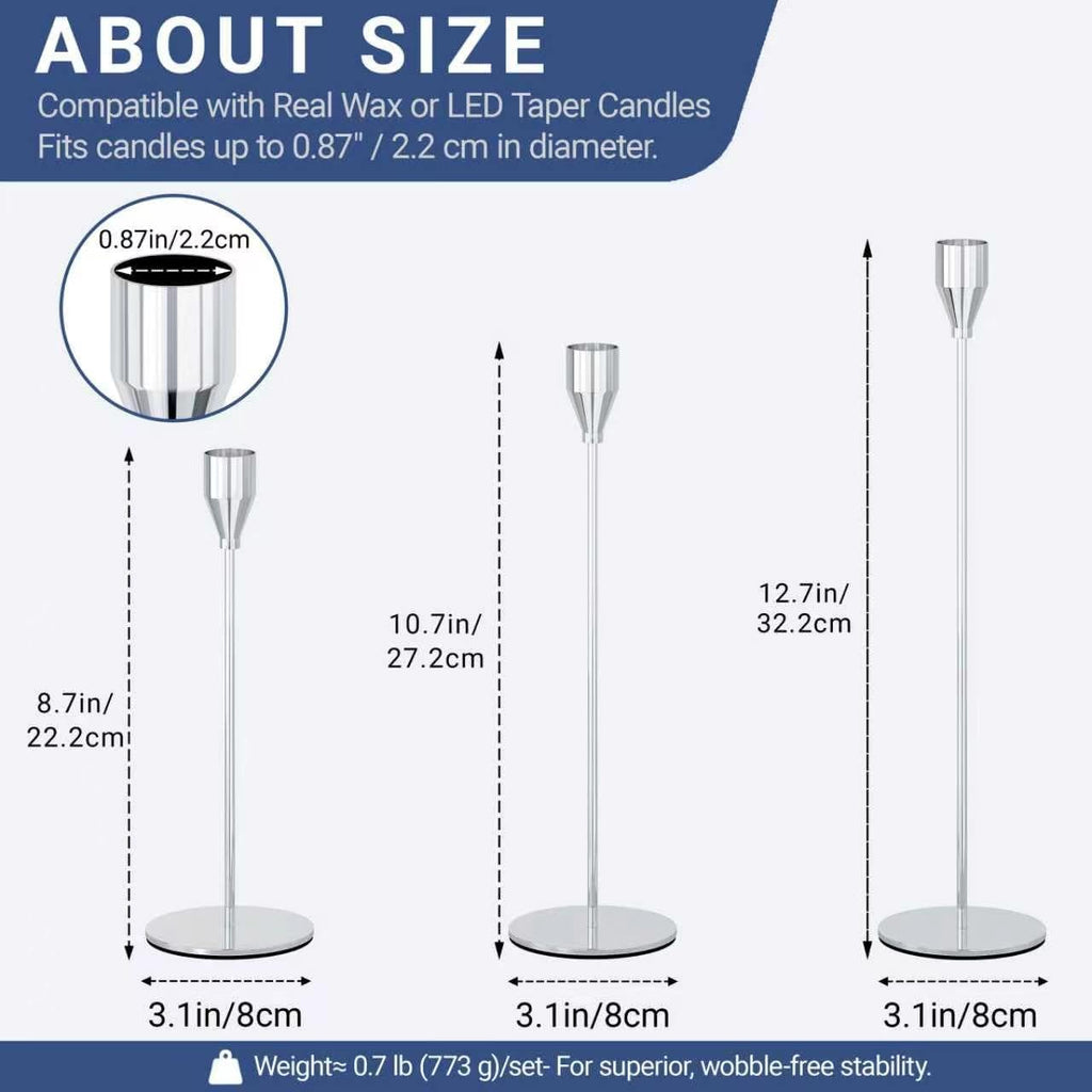 NLBTW Silver Candlestick Holders Set of 6 for Modern Elegant Home Decor | Taper Candle Holders in 3 Heights for Weddings, Formal Dinners, Christmas Mantels and Holiday Tables