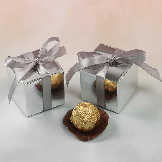 COTOPHER 60pcs Wedding Favor Boxes, Paper Gift Boxes 3x3x3 Inches Small Gift Boxes with Ribbons Small Boxes for Gifts, Crafting, Cupcake, Candy, Bridesmaid Proposal Boxes (Metallic Silver)
