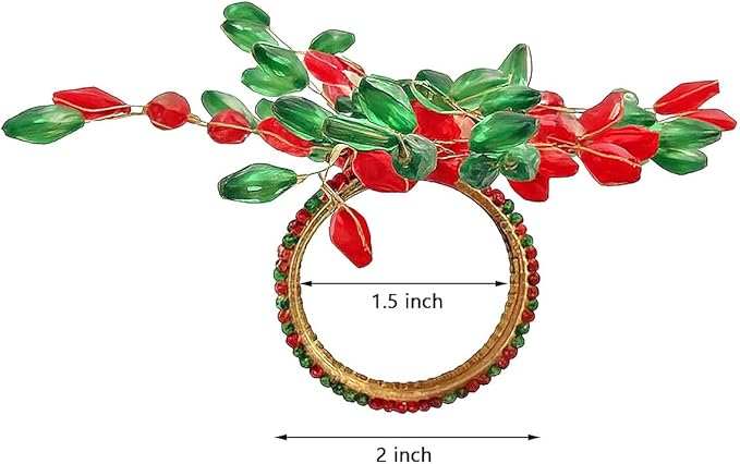 Handcrafted Beaded Napkin Rings Set of 6 – Red & Green Crystal Flower Design, Elegant Table Décor for Christmas, Weddings & Dinner Parties