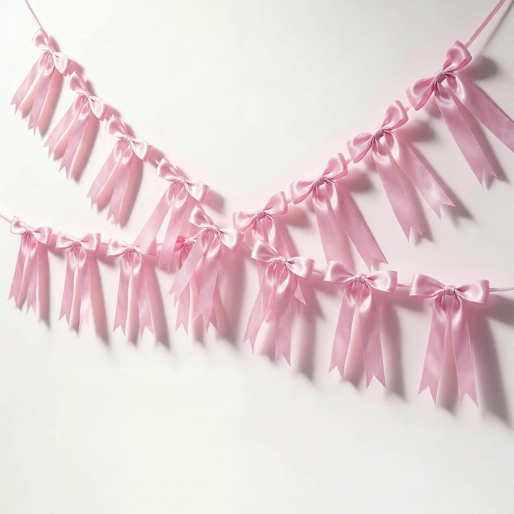 2 Pcs Pink Bow Garland Banner, Pre-Strung Pink Satin Ribbon Bow Garland Coquette Birthday Decorations for Classroom Decor Wedding Birthday Baby Shower