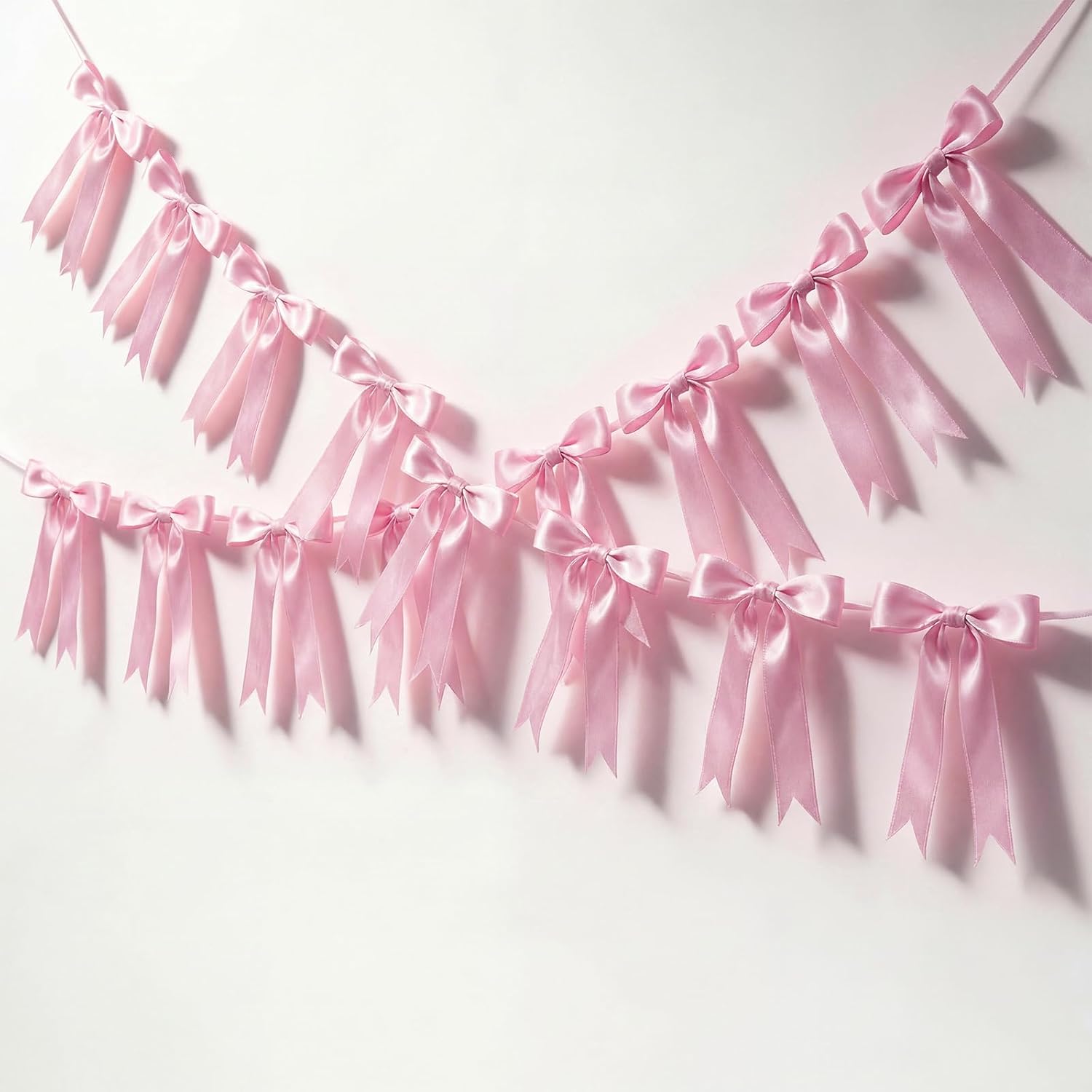 2 Pcs Pink Bow Garland Banner, Pre-Strung Pink Satin Ribbon Bow Garland Coquette Birthday Decorations for Classroom Decor Wedding Birthday Baby Shower