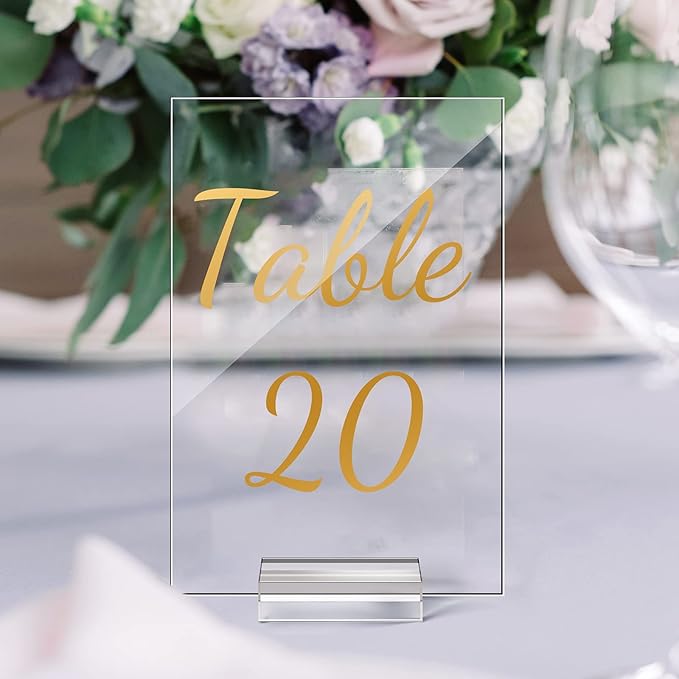 40 Pack Gold Acrylic Wedding Table Numbers 1-40 Clear Stand with Calligraphy Holders - 4 x 6 Inch Acrylic Table Signs for Wedding Reception Centerpieces
