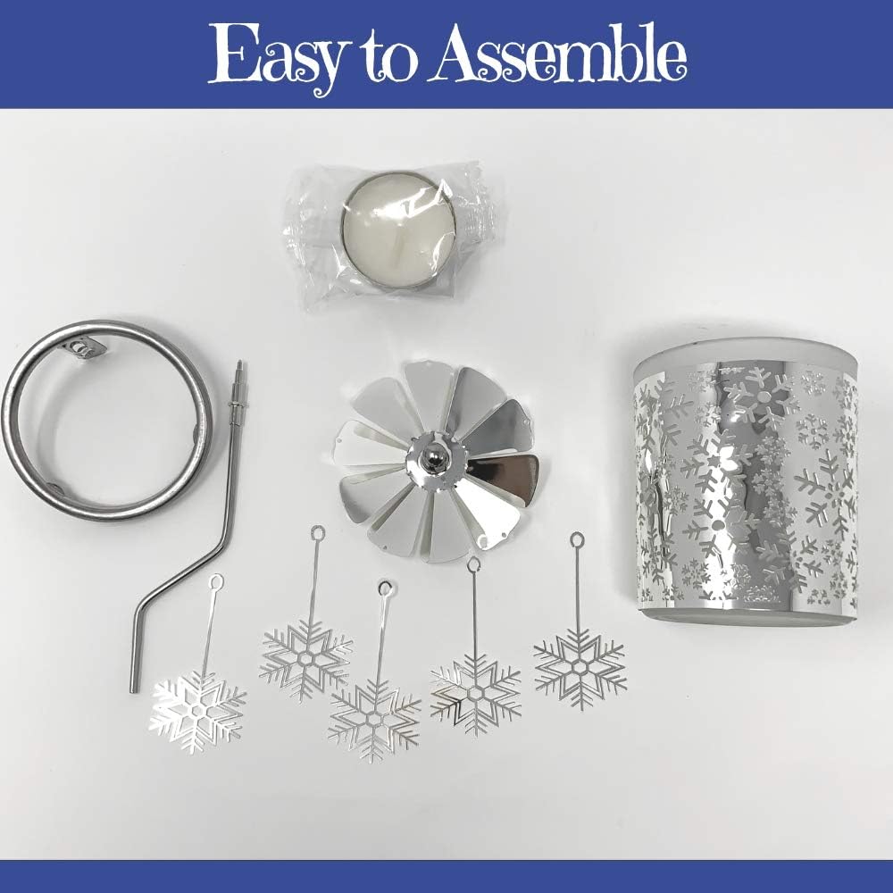 Snowflake Spinning Candle Holder – Rotating Snowflake Charms, Frosted Glass Votive Holder with Laser-Cut Metal Snowflakes – Scandinavian Christmas Table and Mantel Decor – 6.25" H