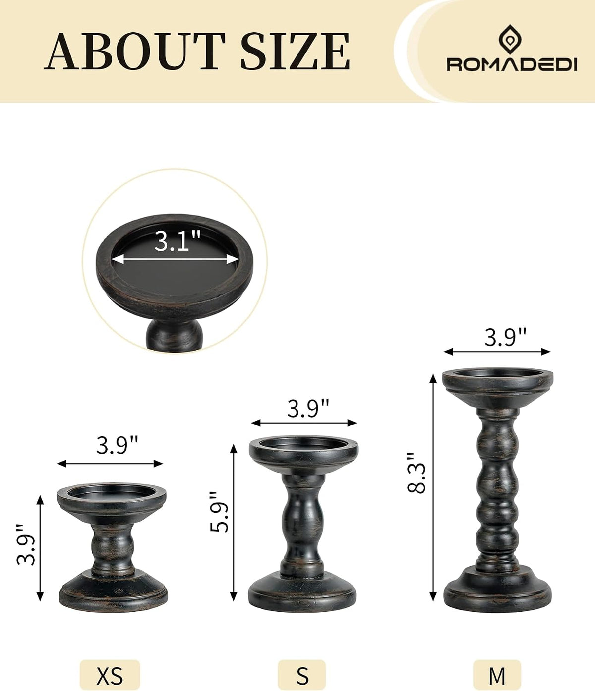 Romadedi Solid Wood Pillar Candle Holder, Black, Set of 3, 8.3/5.9/3.9-in