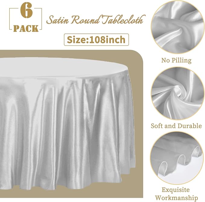 fani 6 Pack 108 Inch Sliver Round Tablecloth - Premium Silky Satin Tablecloth Overlay Smooth Fabric Table Cover Linens, Table Decoration for Wedding Party Banquet Events Restaurant Kitchen Dining