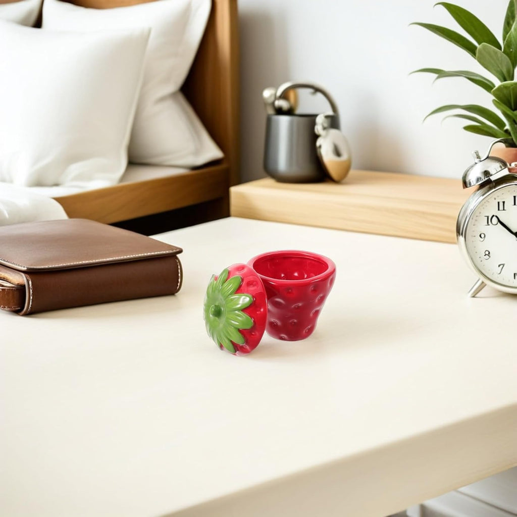 Strawberry Shaped Red Ceramic Candle Holder Cup with Lid Fruitshaped Storage Vessel Playful for DIY Scented Candle Making for Home and Parties