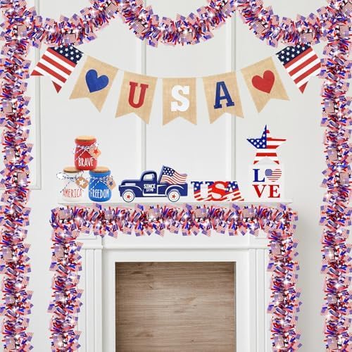 50 FT 4th of July Tinsel Garland Decorations, USA Flag Garlands Patriotic Decor for Memorial Day Independence Day 4th of July Indoor Outdoor Home Porch Red White and Blue Decor Supplies