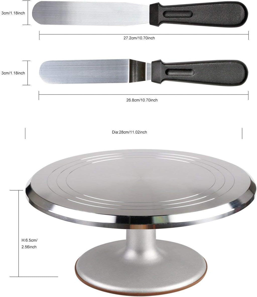 Cake Decorating Supplies Aluminium Alloy Revolving Cake Turntable with 12.7'' Angled Icing Spatul Cake Leveler Comb Icing Smoother Banking Supplies Cake Stand Baking Supplies (ZC011)