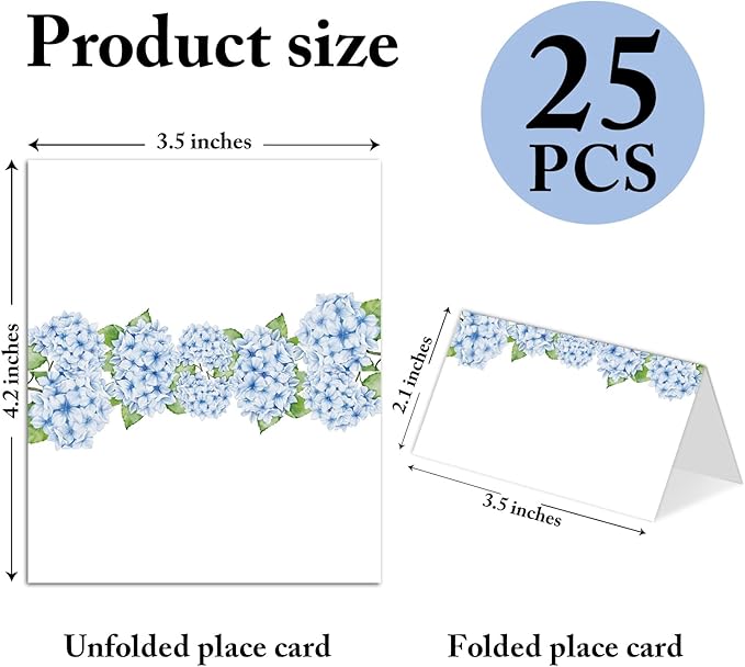 25 Pack Blue Floral Place Cards, Editable Name Cards for Table Setting, Tent Cards Food Label for Dinner Party, Bridal Shower, Wedding, Baby Shower and Events -T12