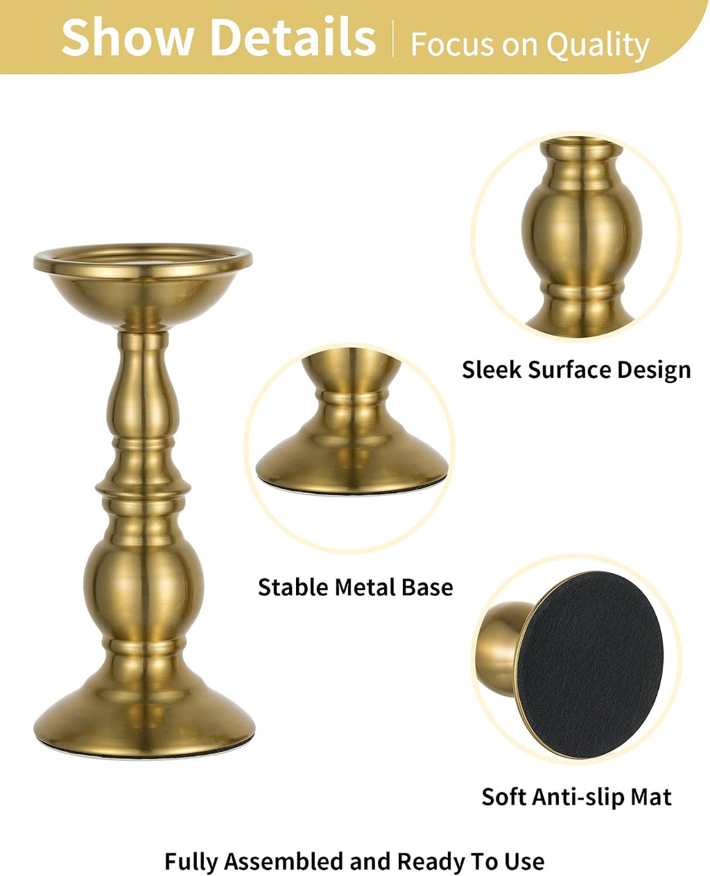NUPTIO Gold Candle Holder for Table: Tall Brass Candleholder Decorative for Pillar Candles - Metal Vintage Stand for Christmas New Year Fireplace Table Centerpiece Set of 2 (S+L)