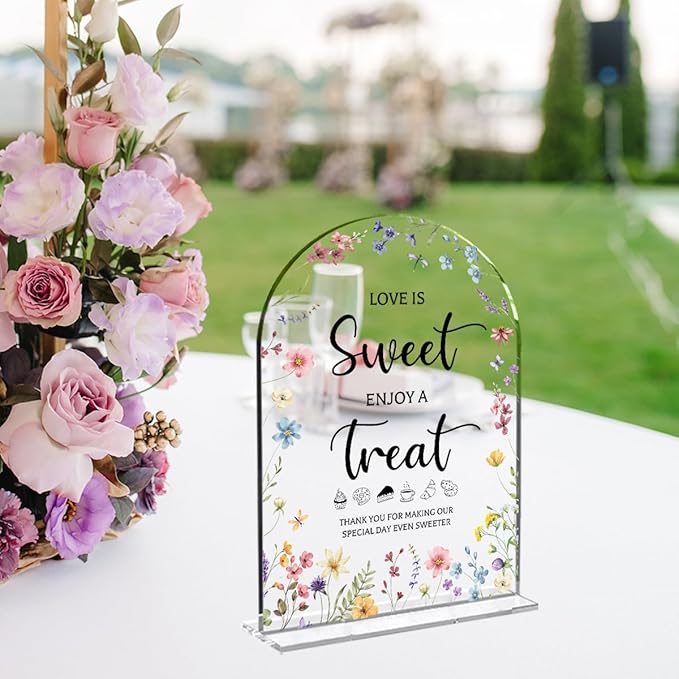 Wedding Signs Decor, Love is Sweet Sign for Dessert Table, Wedding Supplies 5x7 Inch, Wedding Signs for Ceremony And Reception, Arch Acrylic Table Sign for Anniversary, Bridal Shower Decor (Flower)