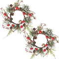 2 Pcs Christmas Candle Rings Wreaths Berries & Pinecone Candle Rings Artificial Norfolk Pine Candle Holder 12" for Winter Home Kitchen Table Centerpiece (Red)