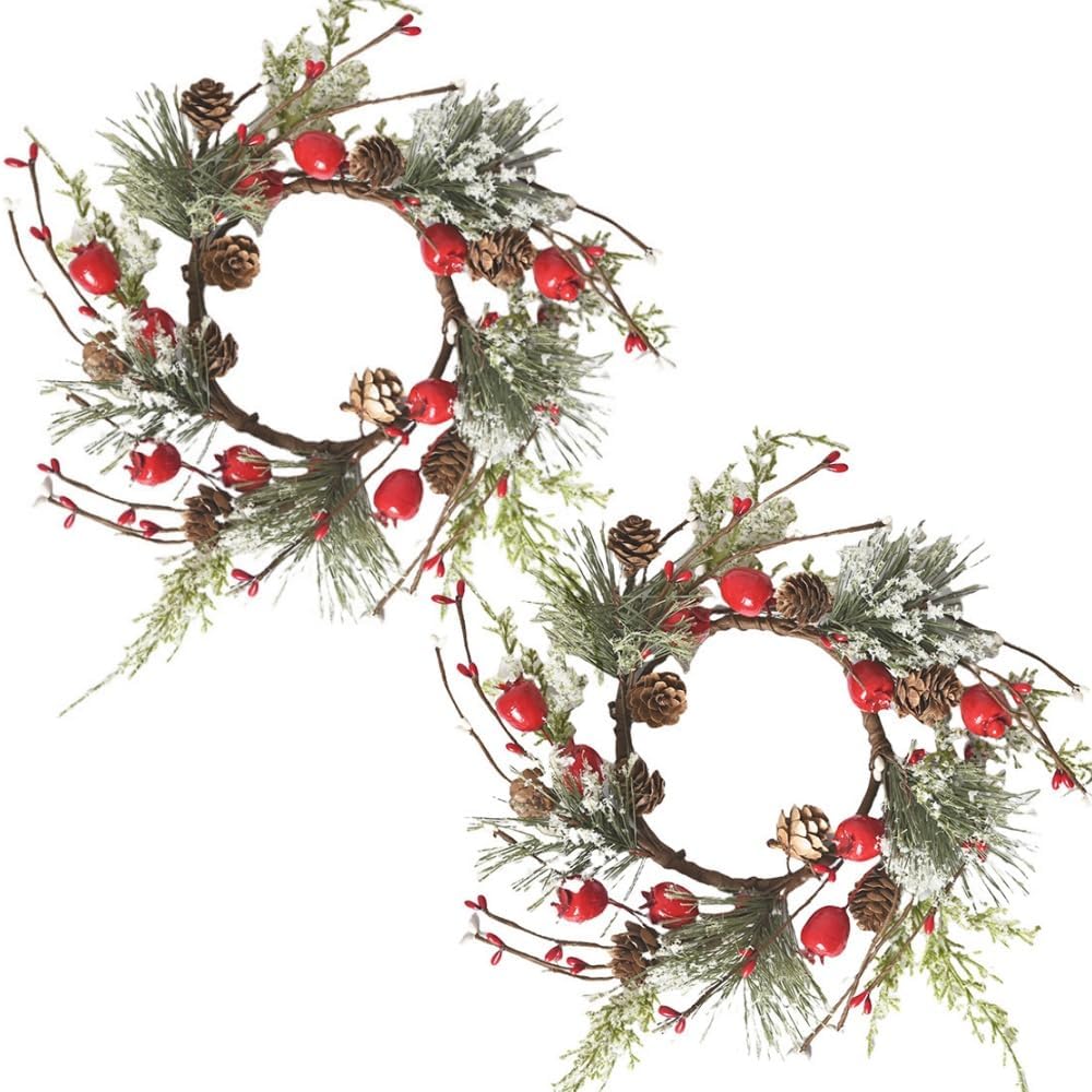 2 Pcs Christmas Candle Rings Wreaths Berries & Pinecone Candle Rings Artificial Norfolk Pine Candle Holder 12" for Winter Home Kitchen Table Centerpiece (Red)