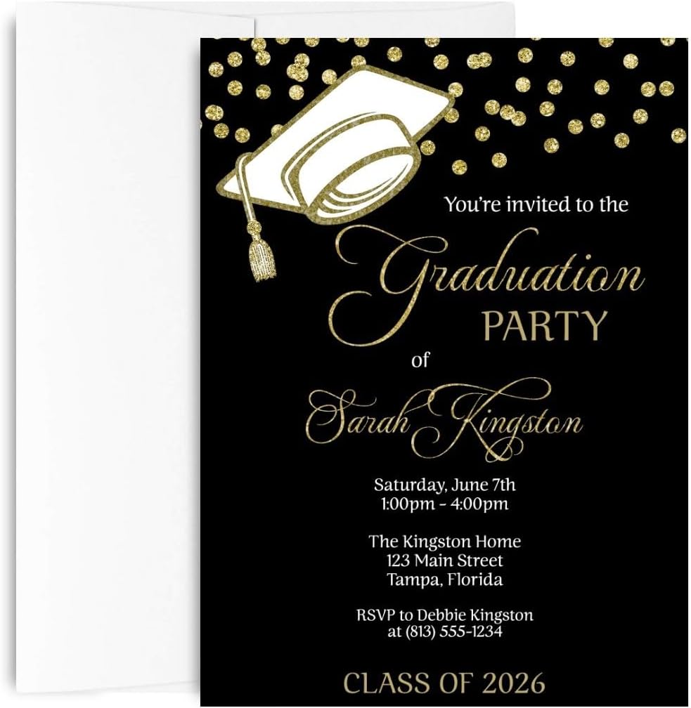 Graduation Invitations Black And Gold, Grad Cap Confetti Invite | Set of 12 | Customizable High School College Announcement Invites With Envelopes