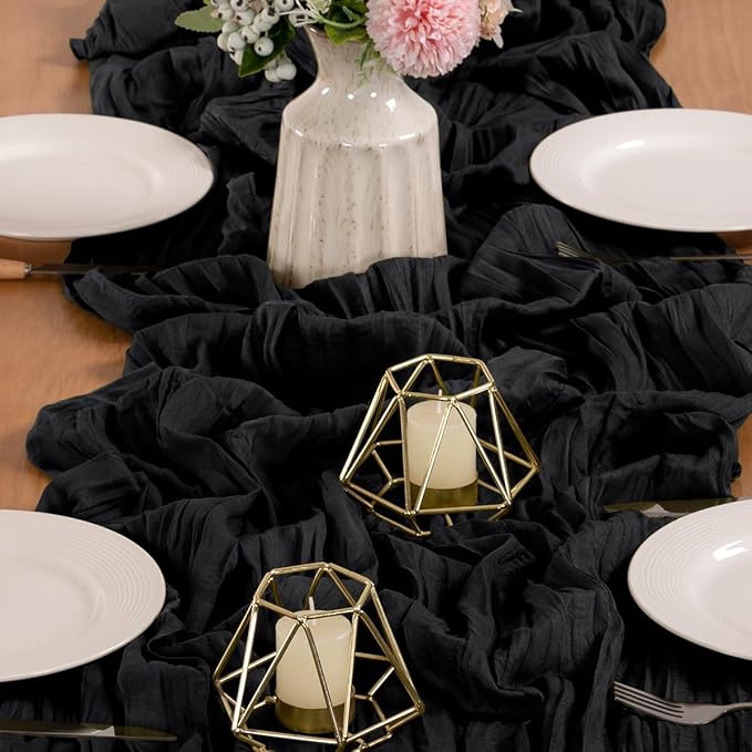 MLMW 4 Pack Halloween Table Runner Cheesecloth Black Boho Gauze Cheese Cloth 160 inch Rustic Sheer Table Runner 13.3ft for Party Wedding Baby Bridal Shower Birthday