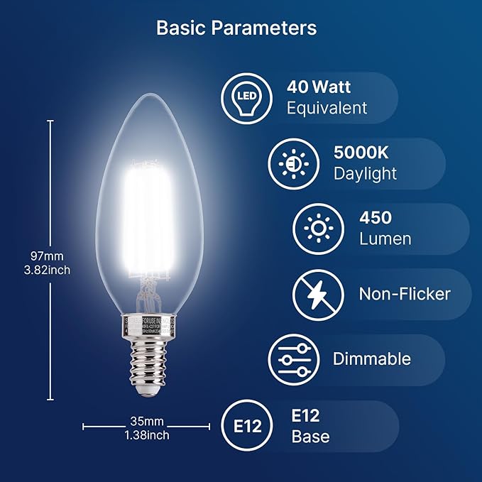 FLSNT 576 Pack B11 E12 LED Candelabra Bulbs, 40W Equivalent Dimmable Chandelier Light Bulbs, 5000K Daylight, 82 CRI, UL & CA65 Listed, Energy Saving Candle Bulbs for Wholesale and Commercial Projects
