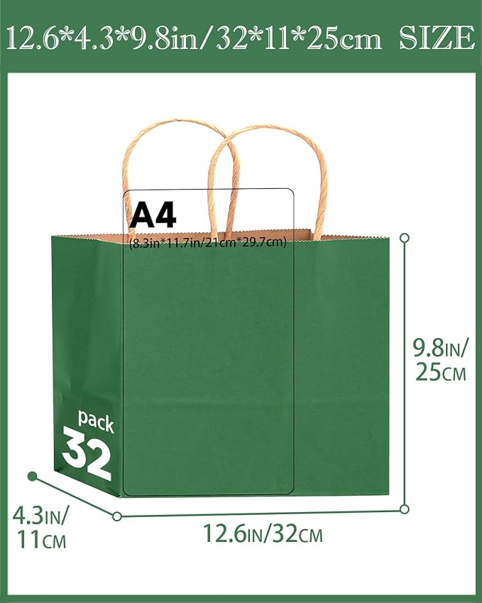 qiqee 100PCS Large Gift Bag with Handles Bulk 13"x4.5"x10" Gift Bags Kraft Deep Green Multiple Uses (32x11x25cm,Wide Large)