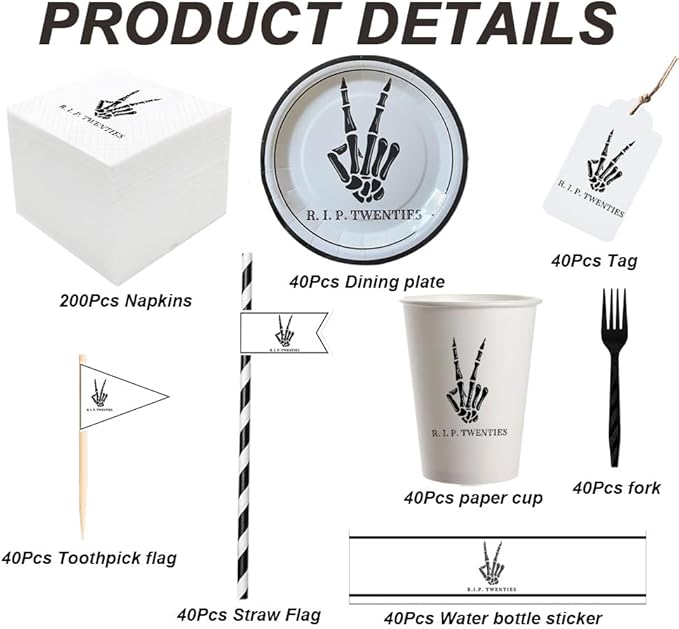 SharkBliss RIP Twenties Party Supplies 480 PCS – Paper Cocktail Napkins Party Cups Water Bottle Labels Toothpick Flags Drinking Straws Gift Tags Forks Plates for Death to My 20s 30th Birthday