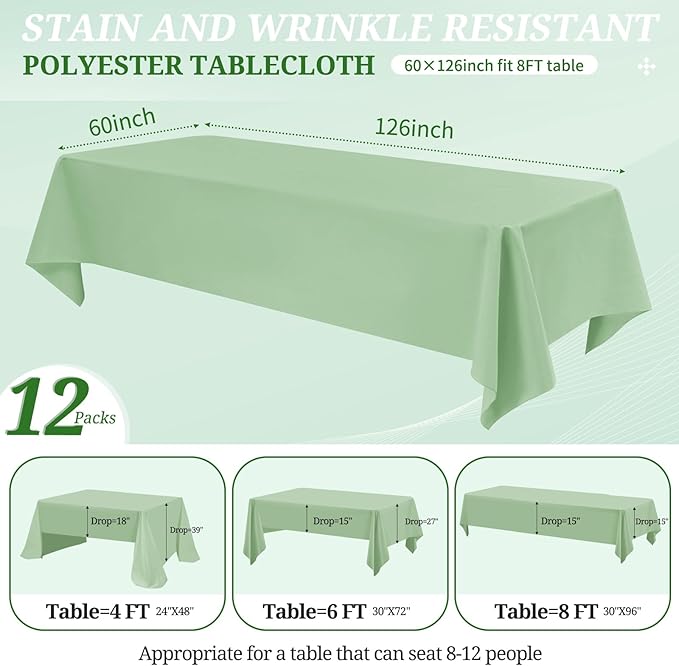 12 Pack Sage Green Tablecloths for Rectangle Tables 60 x 126 Inch Sage Green Polyester Tablecloth 8 Foot Rectangle Table Cloth Washable Fabric Table Cover for Party Wedding Banquet Restaurant Events