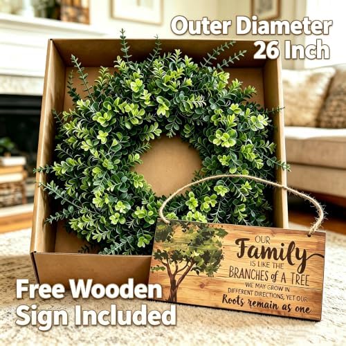 26" large boxwood wreath for front door.eucalyptus wreath shown in use