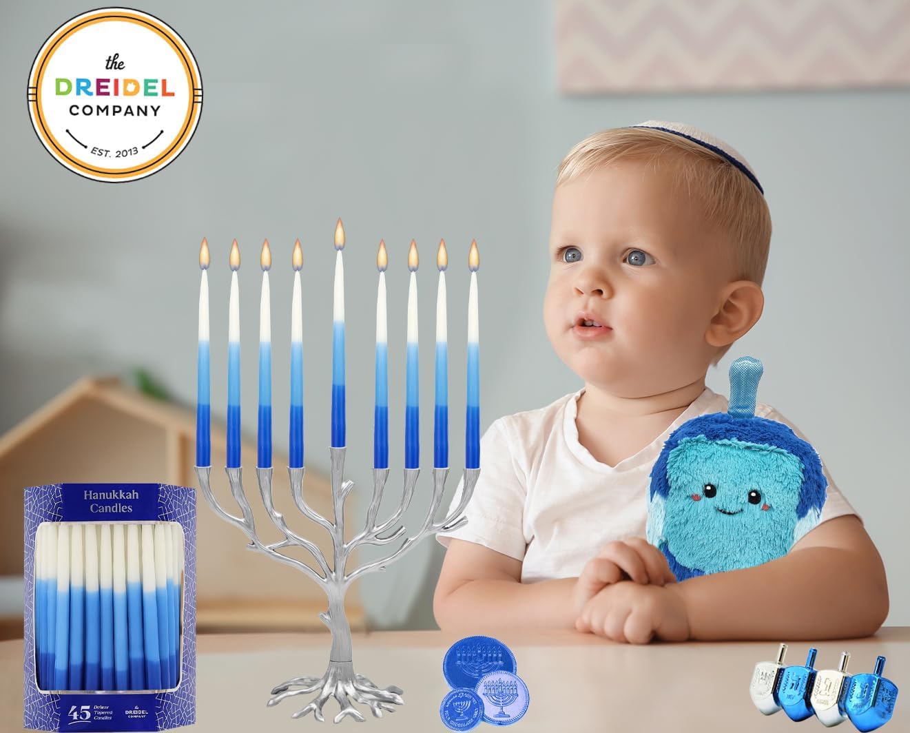 Deluxe Tapered Hanukkah Menorah Tri Color Blue, Blue, and White, Candles for All 8 Nights of Chanukah (10-Pack)