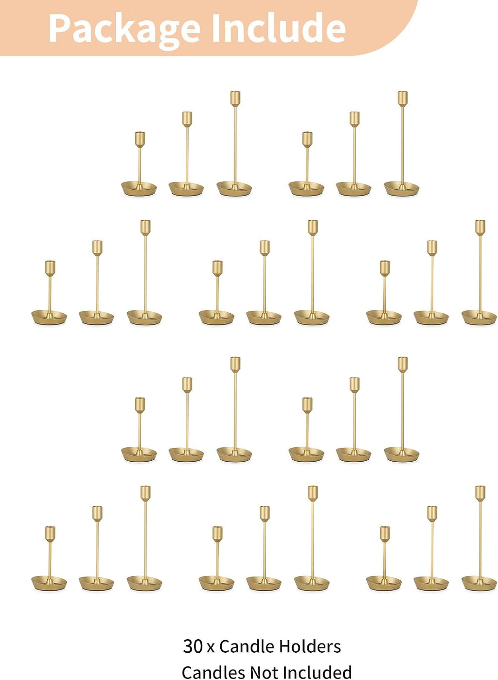 NUPTIO Taper Candle Holders for Centerpiece: Gold Candlestick Holders Bulk | 30 Pcs Tall Candleholders for Birthday Party, Brass Matte Candles Stick Decor Bulk Wax-catching Base for Table Fireplace