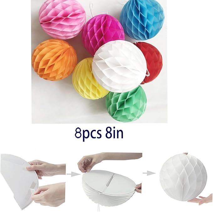 8pcs 8inch Paper Honeycomb Balls Decorative Tissue Pom Poms Flower Art Hanging Balls for Birthday Wedding Nursery Baby Shower Home Decor (8inch, Multi-Color)